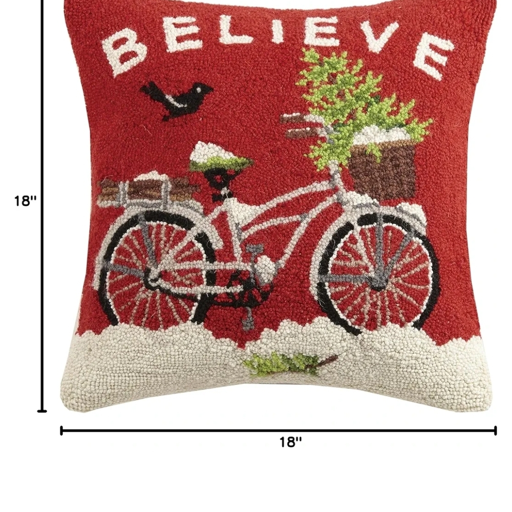Holiday Believe Pillow with Bicycle Design